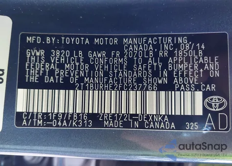 2015 Toyota Corolla Le from USA, damaged, VIN 2T1BURHE2FC237766
